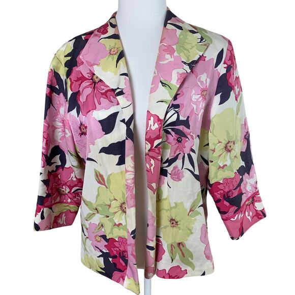 Coldwater Creek Petite Size PL Linen Silk Blend Floral Open Front Blazer Jacket - Picture 1 of 8